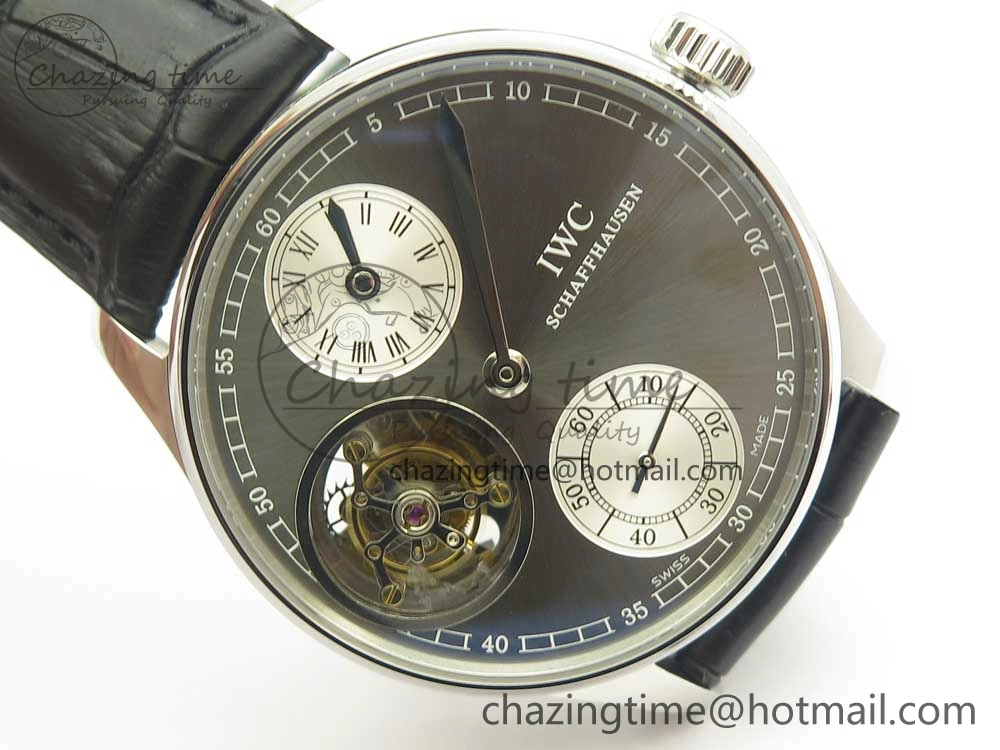 Portuguese Flying Tourbillon SS Gray Dial 2 Sub Dials on Black Leather Strap