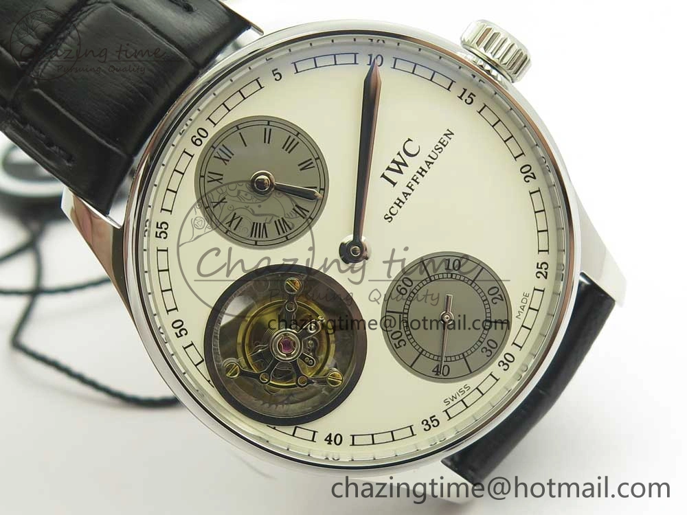 Portuguese Flying Tourbillon SS White Dial 2 Sub Dials on Black Leather Strap
