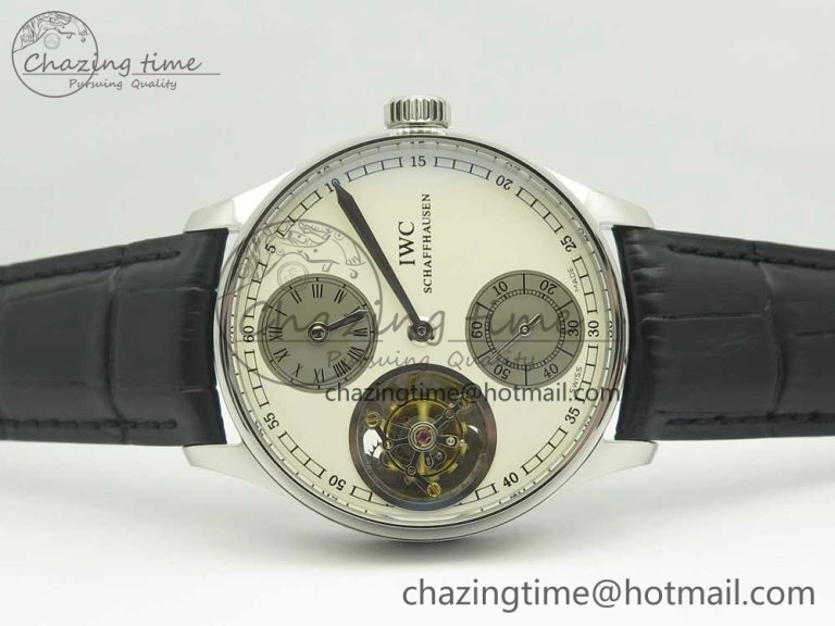 Portuguese Flying Tourbillon SS White Dial 2 Sub Dials on Black Leather Strap