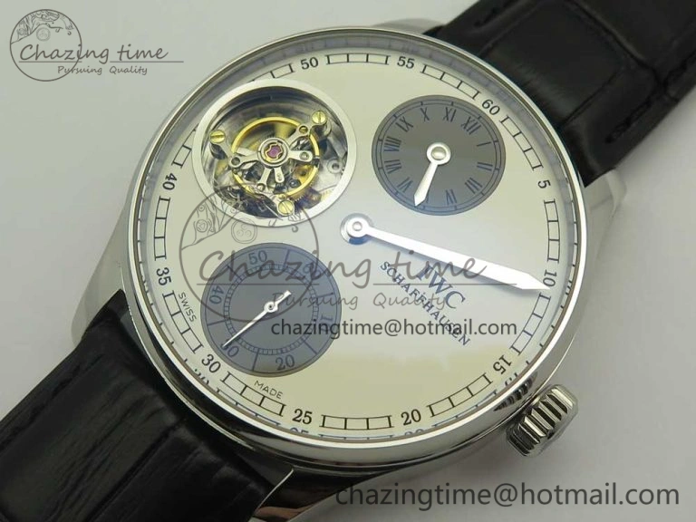 Portuguese Flying Tourbillon SS White Dial 2 Sub Dials on Black Leather Strap