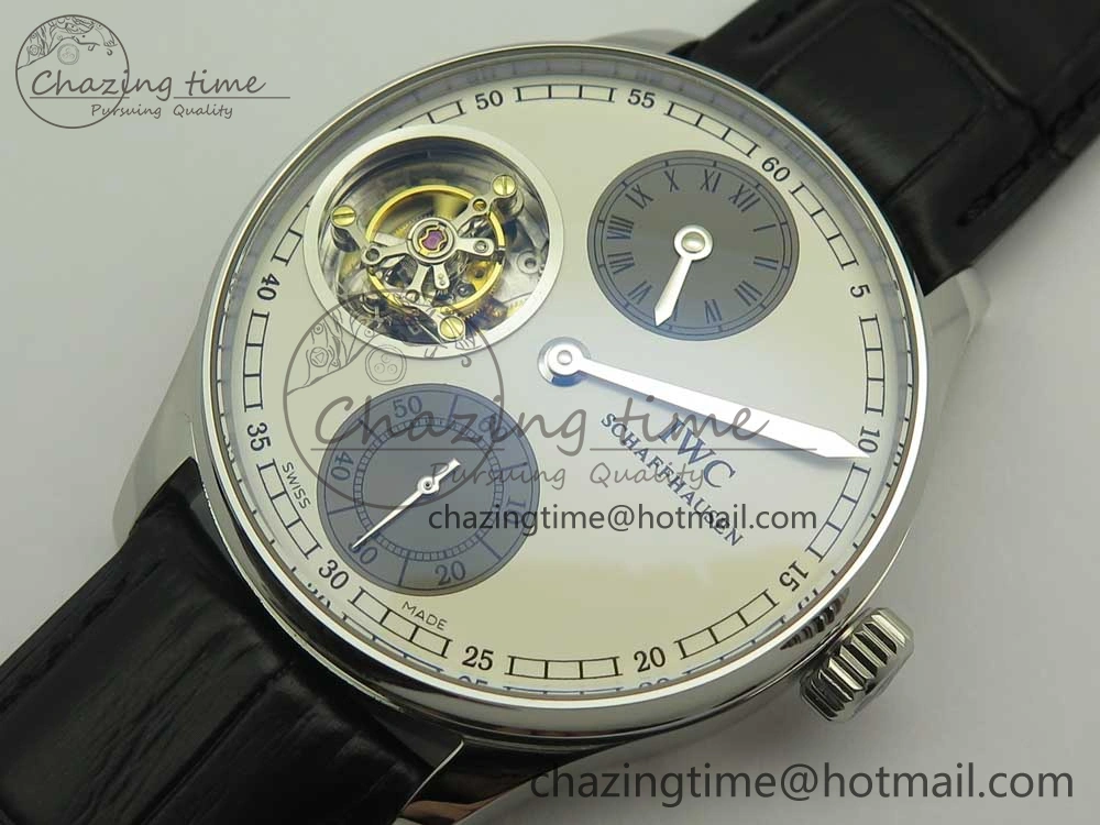 Portuguese Flying Tourbillon SS White Dial 2 Sub Dials on Black Leather Strap