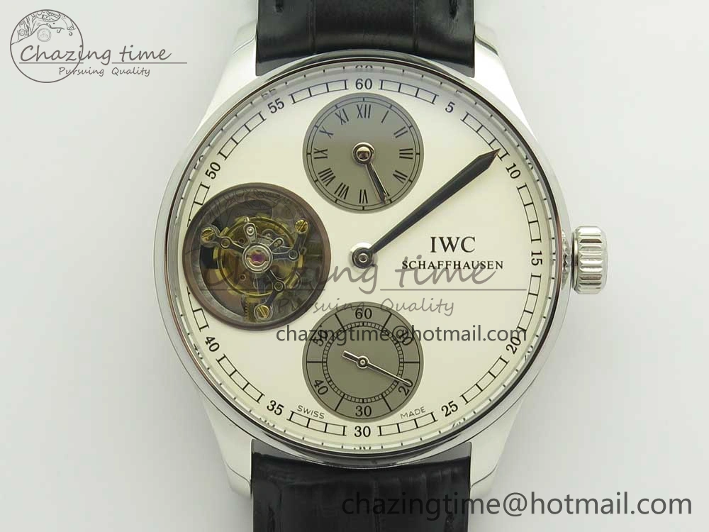 Portuguese Flying Tourbillon SS White Dial 2 Sub Dials on Black Leather Strap