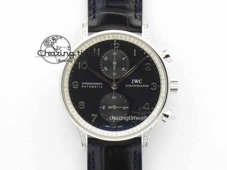 Portuguese IW3714 Diam ZF V2 1:1 Best Edition Black Dial On Black Leather Strap A79350 (Slim Movement)