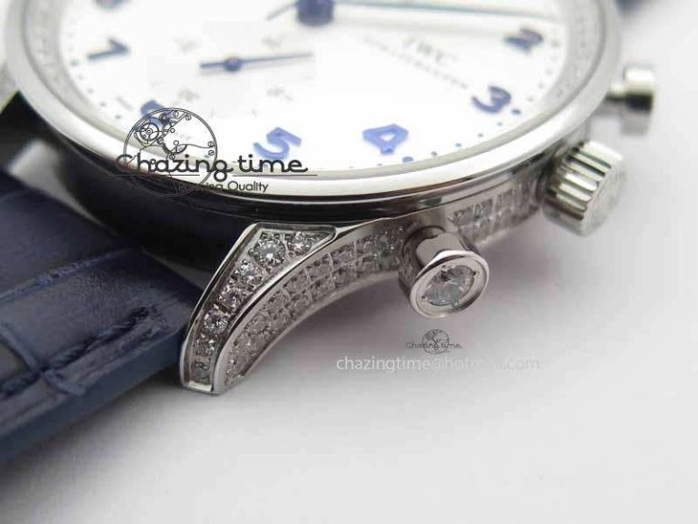 Portuguese IW3714 Diam ZF V2 1:1 Best Edition White Dial Blue Makers On Blue Leather Strap A79350 (Slim Movement)