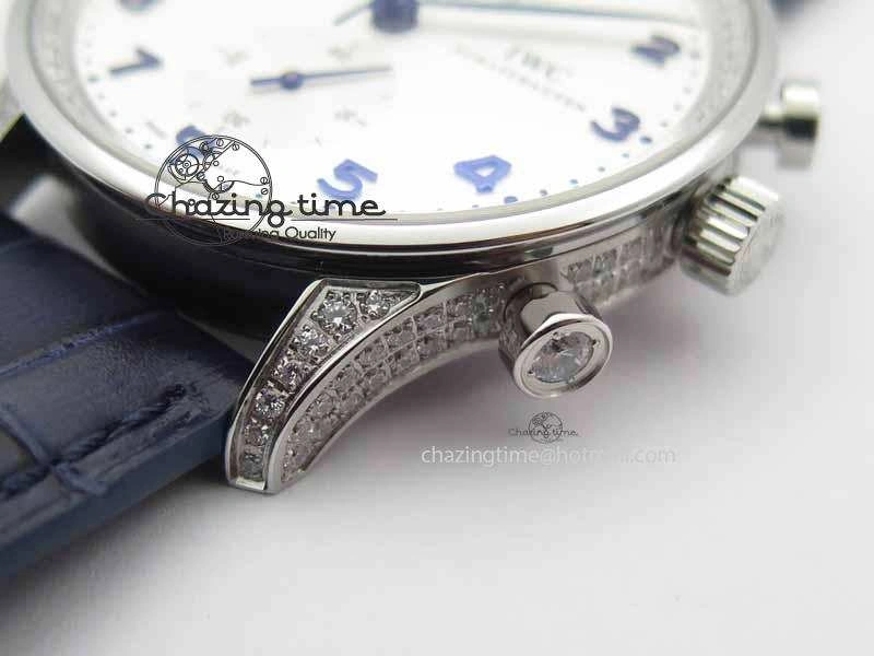 Portuguese IW3714 Diam ZF V2 1:1 Best Edition White Dial Blue Makers On Blue Leather Strap A79350 (Slim Movement)
