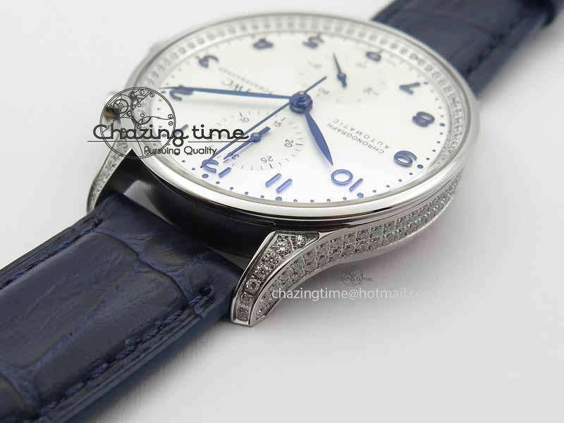 Portuguese IW3714 Diam ZF V2 1:1 Best Edition White Dial Blue Makers On Blue Leather Strap A79350 (Slim Movement)