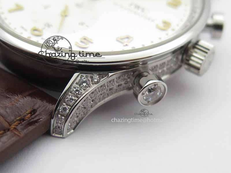 Portuguese IW3714 Diam ZF V2 1:1 Best Edition White Dial RG Numbers On Brown Leather Strap A79350 (Slim Movement)