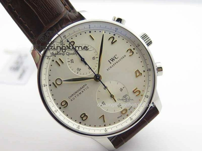 Portuguese IW371445 ZF 1:1 Best Edition SS White Dial Gold Markers On Brown Leather Strap A79350 V3