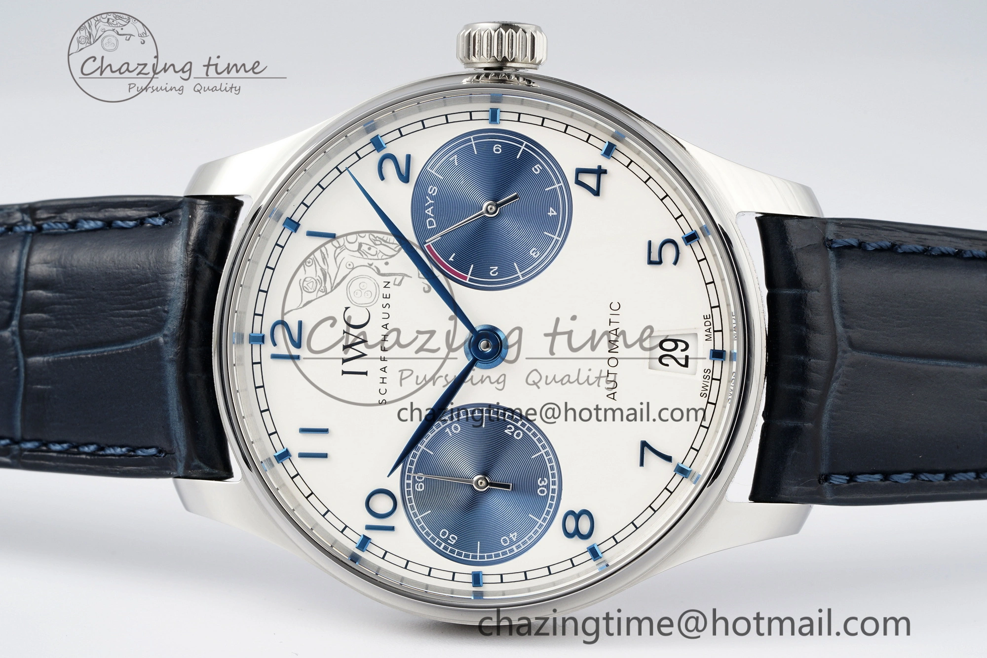 Portuguese Real PR IW500715 SS AZF 1:1 Best Edition White Blue Dial on Blue Leather Strap A52010