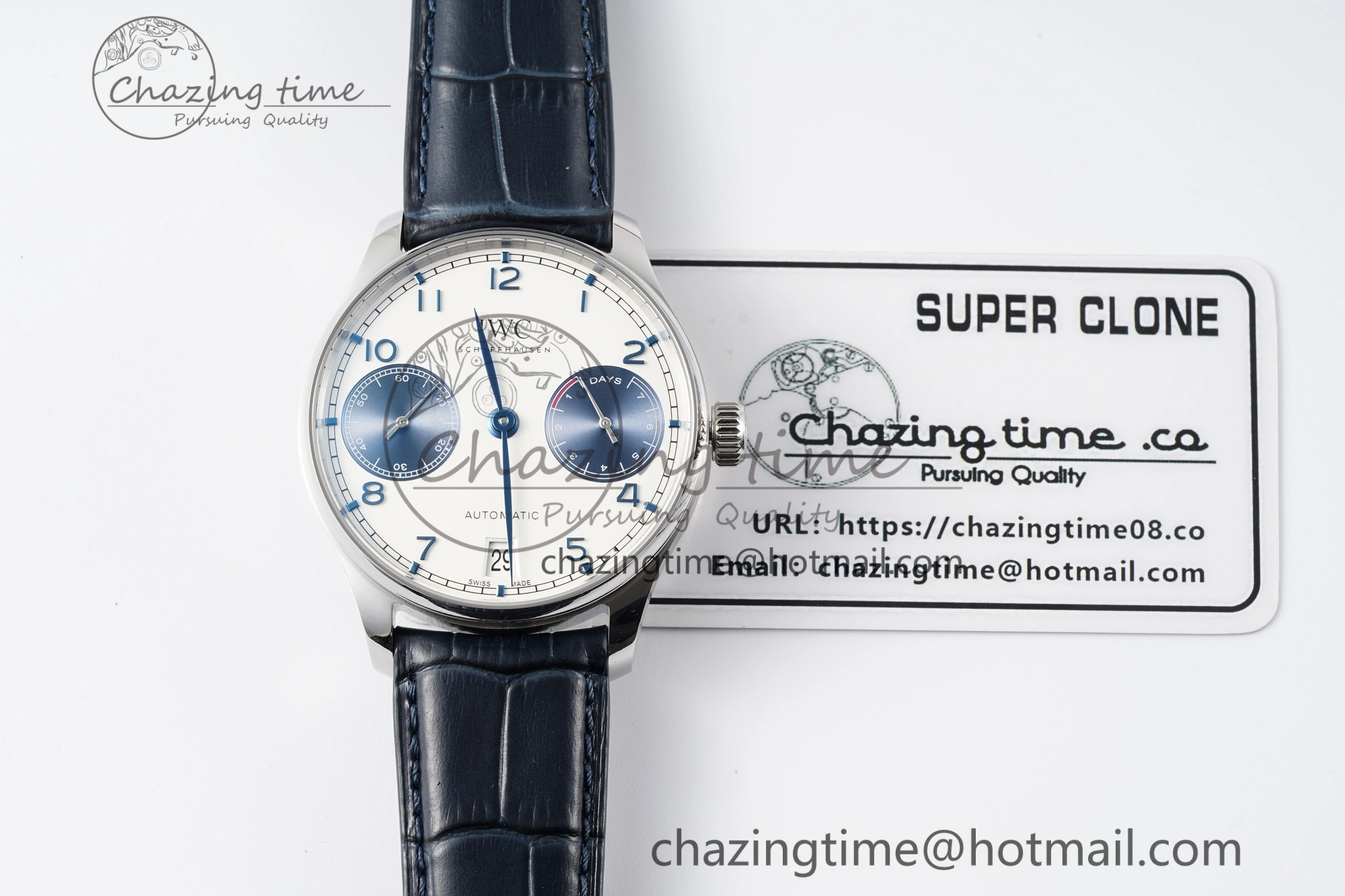 Portuguese Real PR IW500715 SS AZF 1:1 Best Edition White Blue Dial on Blue Leather Strap A52010