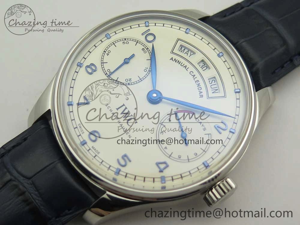 Portuguese Real PR Real Annual Calendar IW5035 ZF 1:1 Best Edition White Dial Blue Markers on Blue Leather Strap A52850