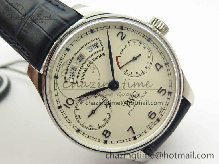 Portuguese Real PR Real Annual Calendar IW5035 ZF 1:1 Best Edition White Dial Blue Markers on Blue Leather Strap A52850
