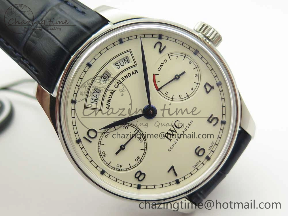Portuguese Real PR Real Annual Calendar IW5035 ZF 1:1 Best Edition White Dial Blue Markers on Blue Leather Strap A52850