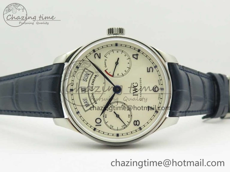 Portuguese Real PR Real Annual Calendar IW5035 ZF 1:1 Best Edition White Dial Blue Markers on Blue Leather Strap A52850