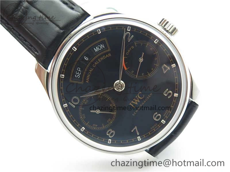 Portuguese Real PR Real Annual Calendar IW503502 ZF 1:1 Best Edition Black Dial Steel Markers on Black Leather Strap A52850