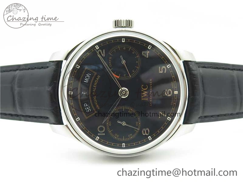 Portuguese Real PR Real Annual Calendar IW503502 ZF 1:1 Best Edition Black Dial Steel Markers on Black Leather Strap A52850