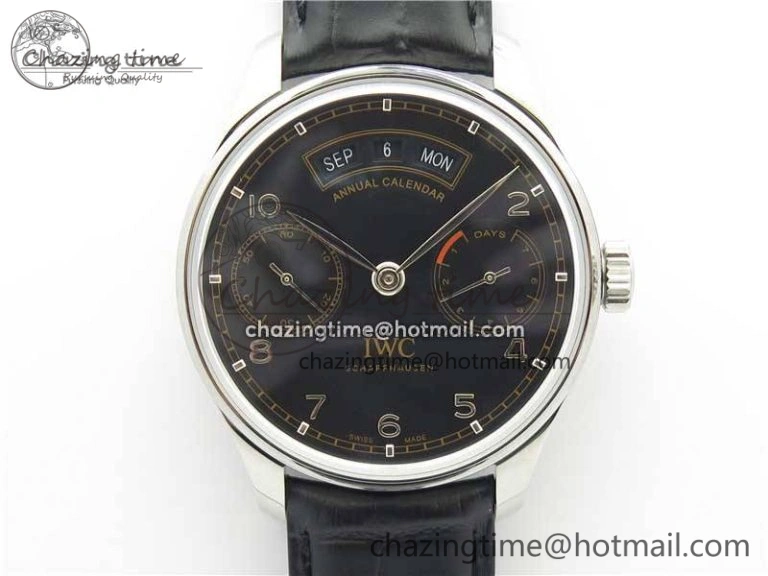 Portuguese Real PR Real Annual Calendar IW503502 ZF 1:1 Best Edition Black Dial Steel Markers on Black Leather Strap A52850