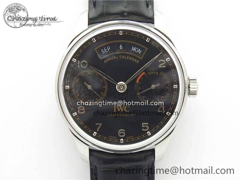 Portuguese Real PR Real Annual Calendar IW503502 ZF 1:1 Best Edition Black Dial Steel Markers on Black Leather Strap A52850