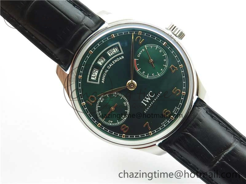 Portuguese Real PR Real Annual Calendar IW503510 ZF 1:1 Best Edition Green Dial on Black Leather Strap A52850