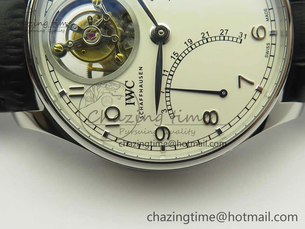 Portuguese Tourbillon IW504602 SS ZF Best Edition White Dial on Black Leather Strap