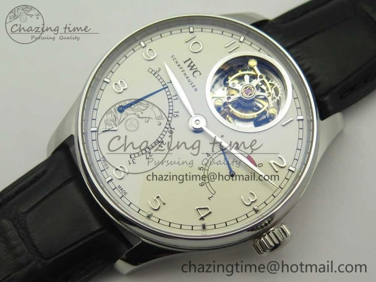 Portuguese Tourbillon IW504602 SS ZF Best Edition White Dial on Black Leather Strap