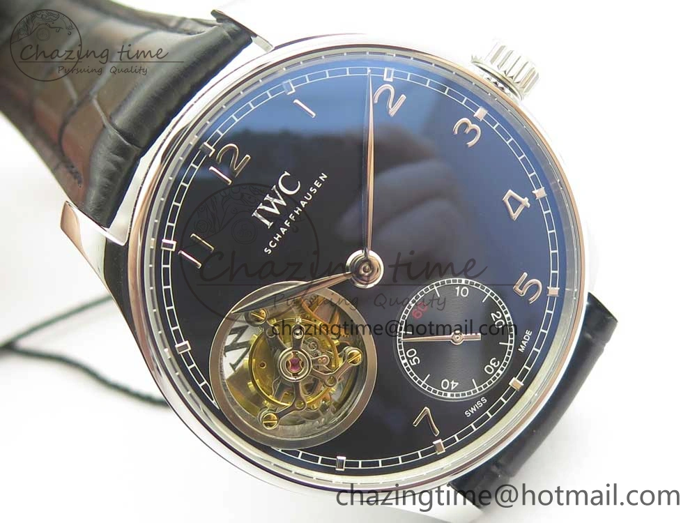 Portuguese Tourbillon IW5463 SS ZF Best Edition Black Dial on Black Leather Strap
