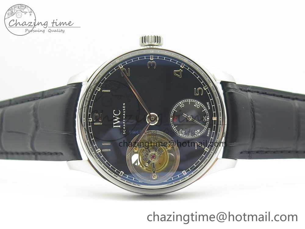 Portuguese Tourbillon IW5463 SS ZF Best Edition Black Dial on Black Leather Strap