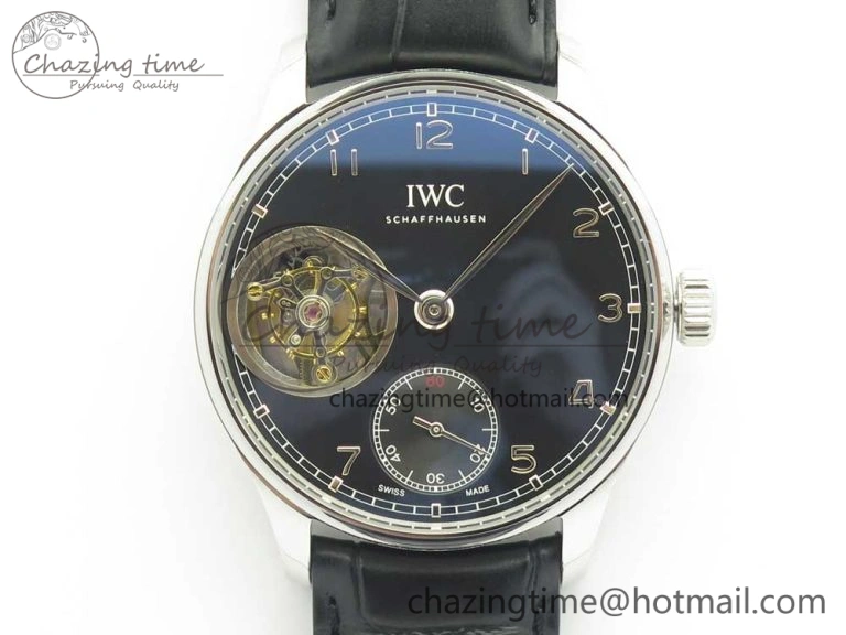 Portuguese Tourbillon IW5463 SS ZF Best Edition Black Dial on Black Leather Strap
