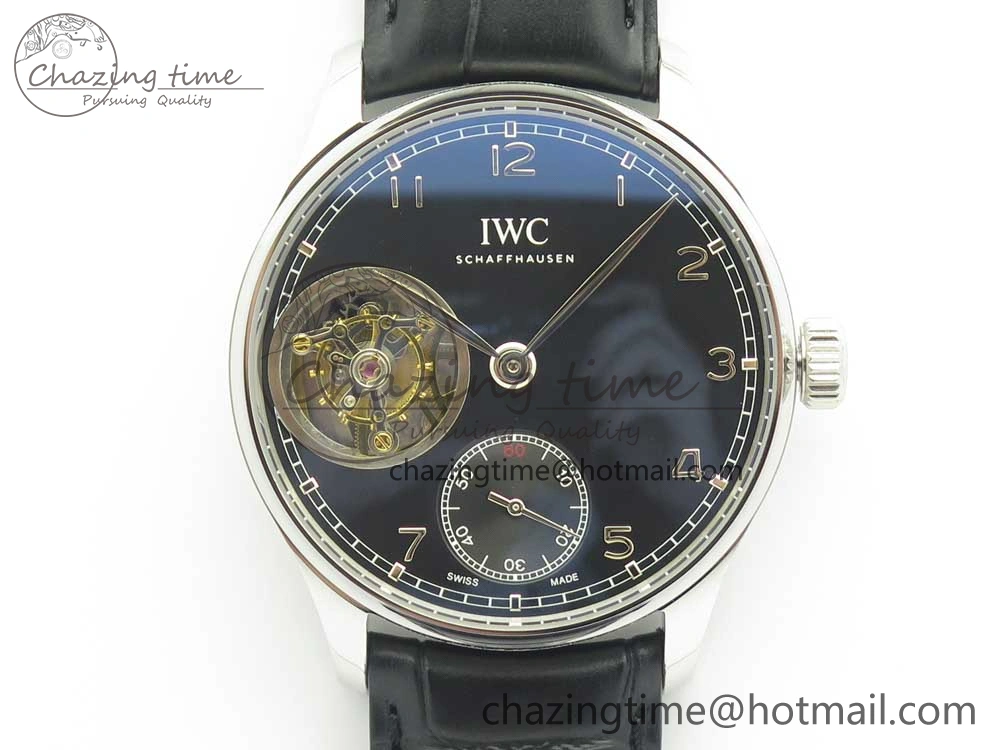 Portuguese Tourbillon IW5463 SS ZF Best Edition Black Dial on Black Leather Strap