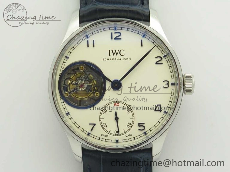 Portuguese Tourbillon IW5463 SS ZF Best Edition White Dial Blue Hands on Blue Leather Strap