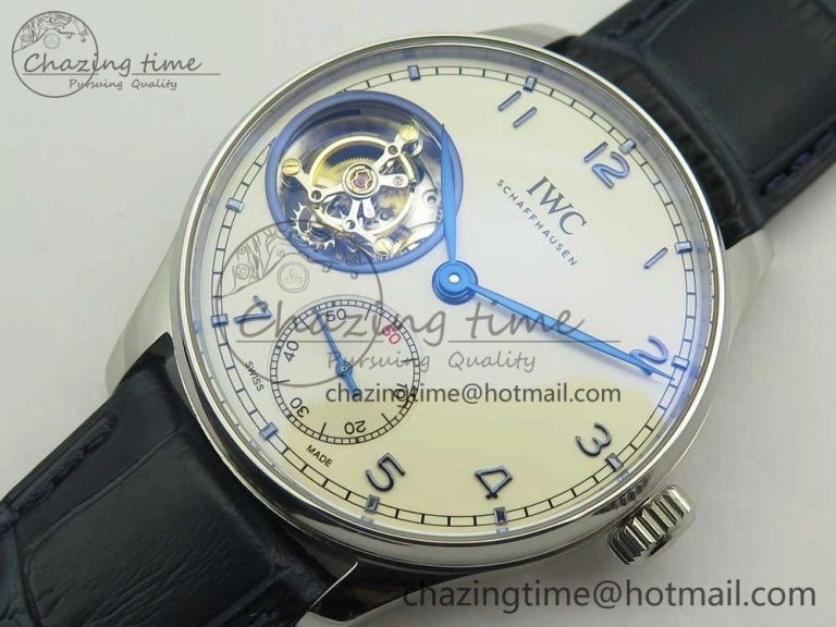 Portuguese Tourbillon IW5463 SS ZF Best Edition White Dial Blue Hands on Blue Leather Strap
