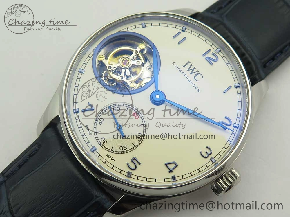 Portuguese Tourbillon IW5463 SS ZF Best Edition White Dial Blue Hands on Blue Leather Strap