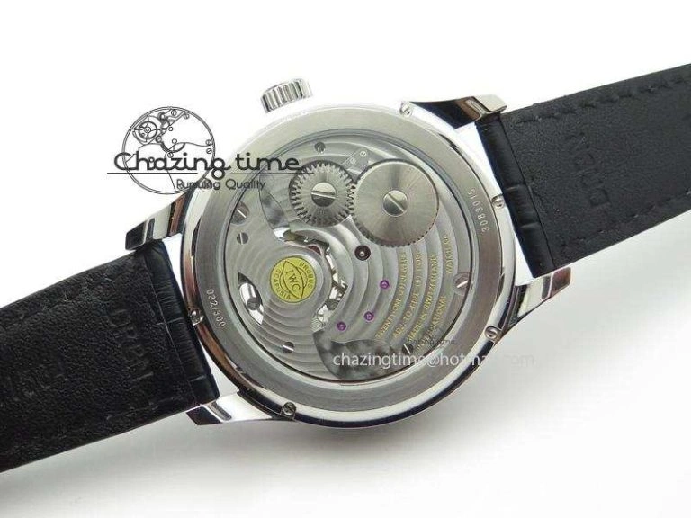 Portuguese Tourbillon Power Reserve Moonphase SS Black Dial Gold Numbers On Black Leather Strap
