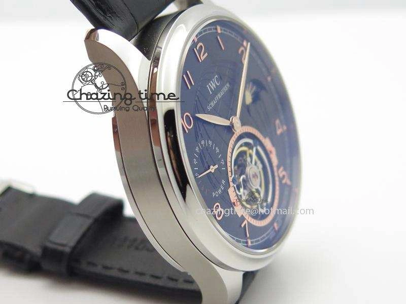 Portuguese Tourbillon Power Reserve Moonphase SS Black Dial Gold Numbers On Black Leather Strap