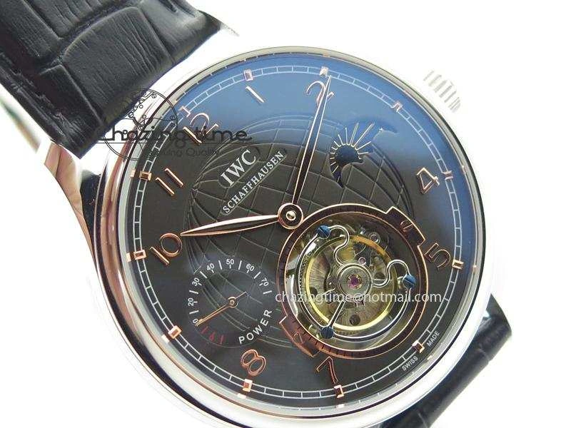 Portuguese Tourbillon Power Reserve Moonphase SS Black Dial Gold Numbers On Black Leather Strap