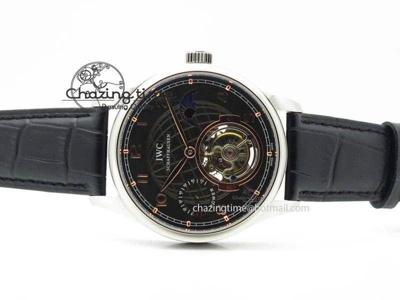 Portuguese Tourbillon Power Reserve Moonphase SS Black Dial Gold Numbers On Black Leather Strap