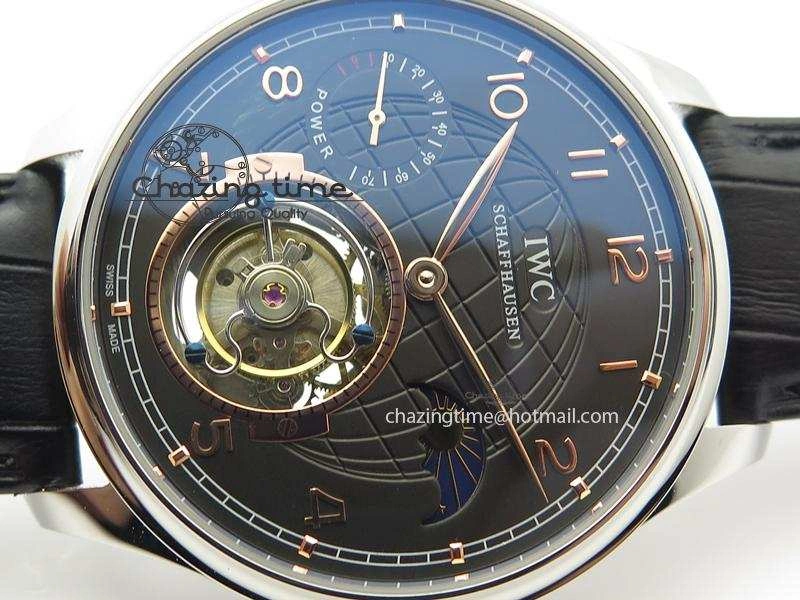 Portuguese Tourbillon Power Reserve Moonphase SS Black Dial Gold Numbers On Black Leather Strap