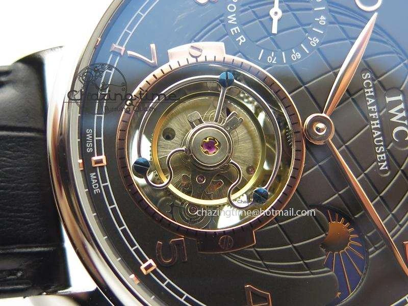 Portuguese Tourbillon Power Reserve Moonphase SS Black Dial Gold Numbers On Black Leather Strap