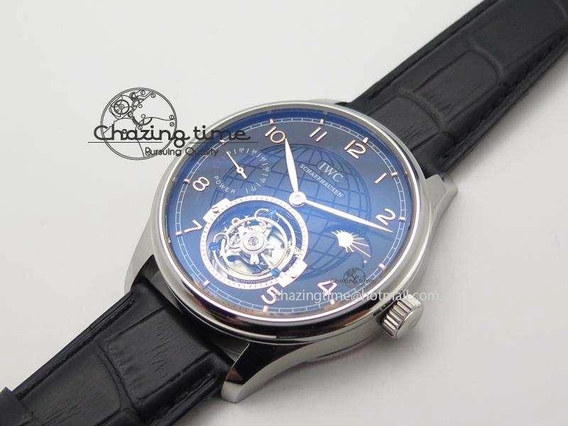 Portuguese Tourbillon Power Reserve Moonphase SS Black Dial Gold Numbers On Black Leather Strap