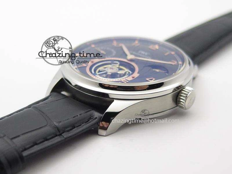 Portuguese Tourbillon Power Reserve Moonphase SS Black Dial Gold Numbers On Black Leather Strap