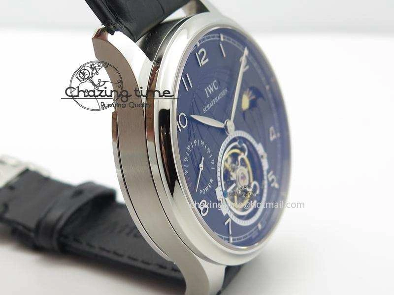 Portuguese Tourbillon Power Reserve Moonphase SS Black Dial On Black Leather Strap