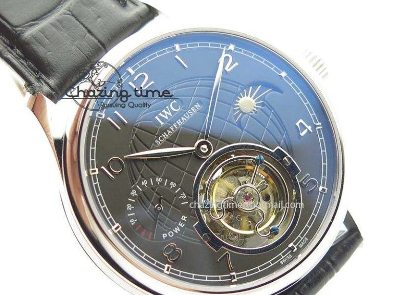 Portuguese Tourbillon Power Reserve Moonphase SS Black Dial On Black Leather Strap