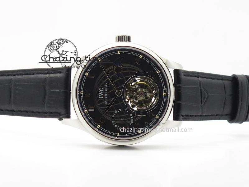Portuguese Tourbillon Power Reserve Moonphase SS Black Dial On Black Leather Strap