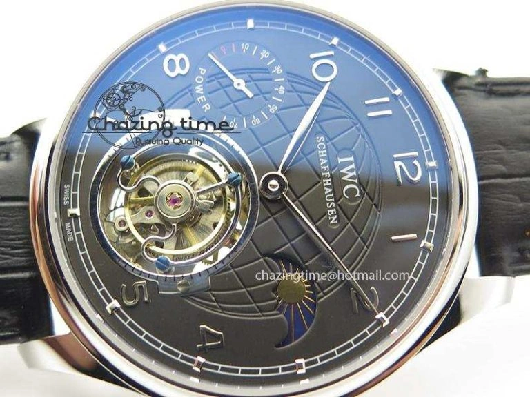 Portuguese Tourbillon Power Reserve Moonphase SS Black Dial On Black Leather Strap