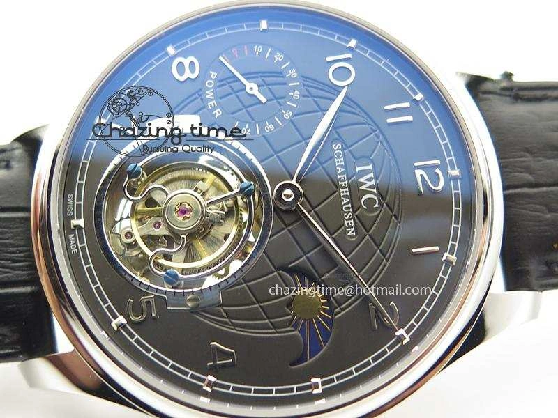 Portuguese Tourbillon Power Reserve Moonphase SS Black Dial On Black Leather Strap