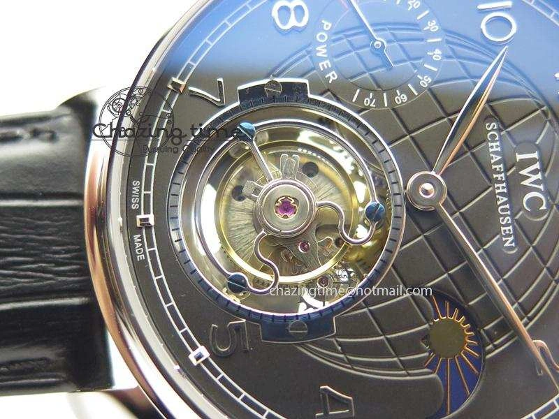 Portuguese Tourbillon Power Reserve Moonphase SS Black Dial On Black Leather Strap