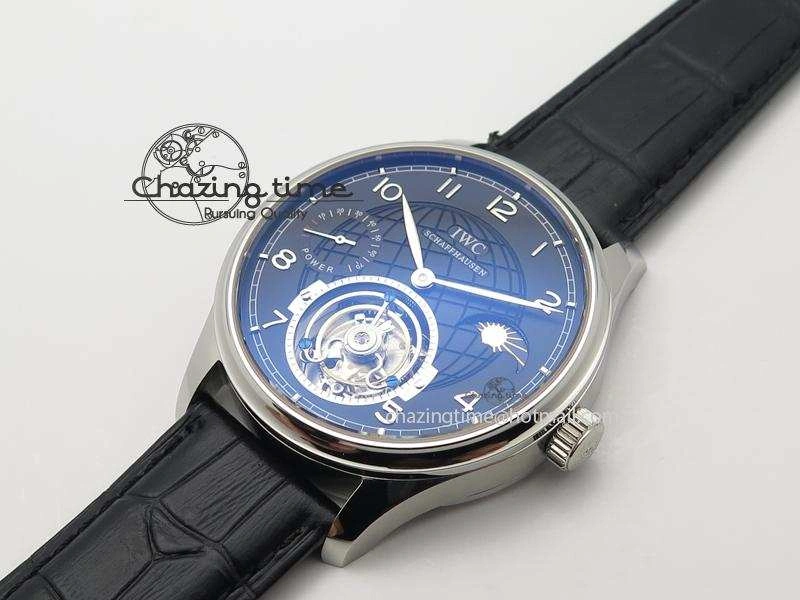 Portuguese Tourbillon Power Reserve Moonphase SS Black Dial On Black Leather Strap