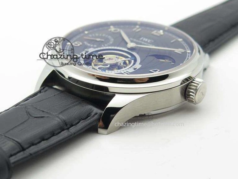 Portuguese Tourbillon Power Reserve Moonphase SS Black Dial On Black Leather Strap