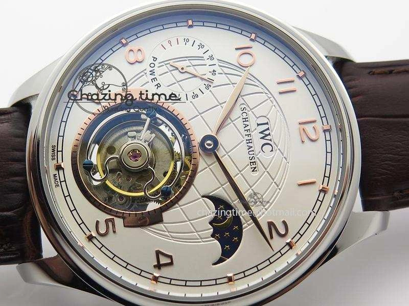 Portuguese Tourbillon Power Reserve Moonphase SS White Dial Gold Numbers On Black Leather Strap