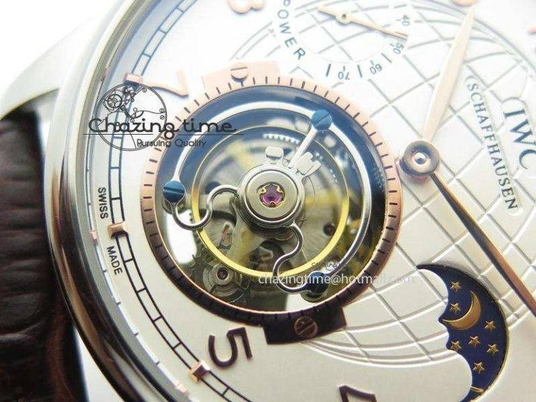 Portuguese Tourbillon Power Reserve Moonphase SS White Dial Gold Numbers On Black Leather Strap